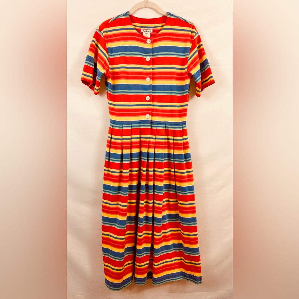 Vintage Talbots Striped Button Front Short Sleeve Dress Pleated Skirt Sm…